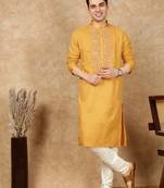 Mustard cotton embroidered kurta pajama for mens