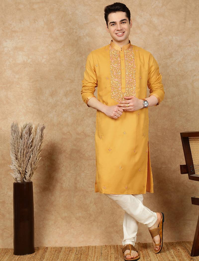 Mustard cotton embroidered kurta pajama for mens