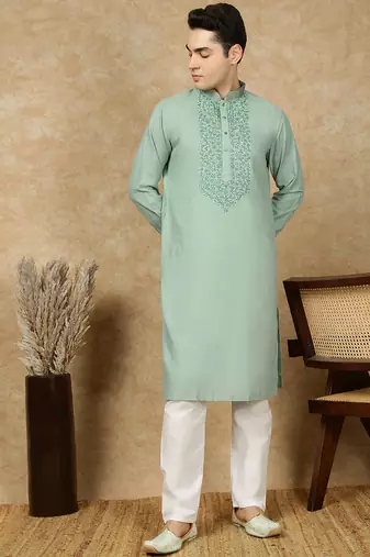 Green cotton embroidered kurta pajama for mens