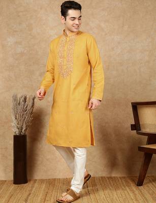 Mustard cotton embroidered kurta pajama for mens 2