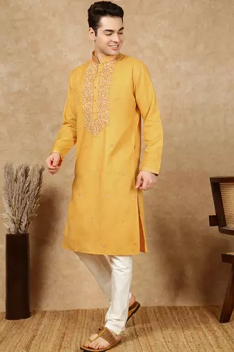 Mustard cotton embroidered kurta pajama for mens