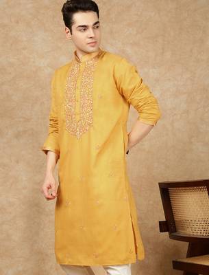 Mustard cotton embroidered kurta pajama for mens 3