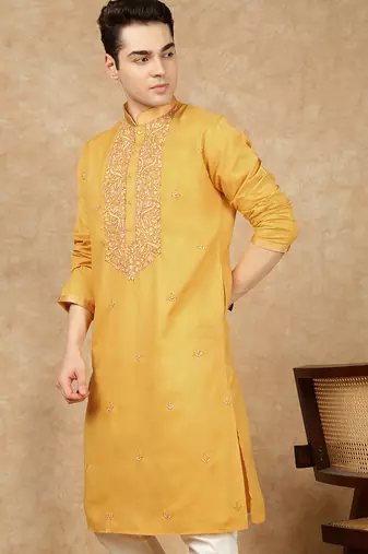 Mustard cotton embroidered kurta pajama for mens