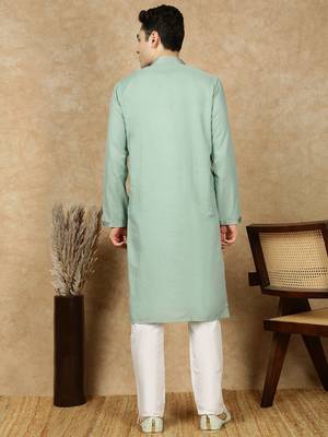 Green cotton embroidered kurta pajama for mens 4