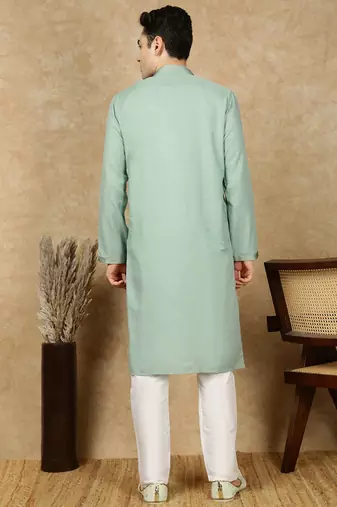 Green cotton embroidered kurta pajama for mens