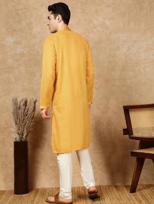 Mustard cotton embroidered kurta pajama for mens 4