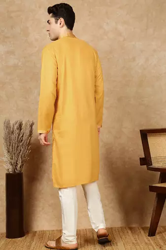 Mustard cotton embroidered kurta pajama for mens