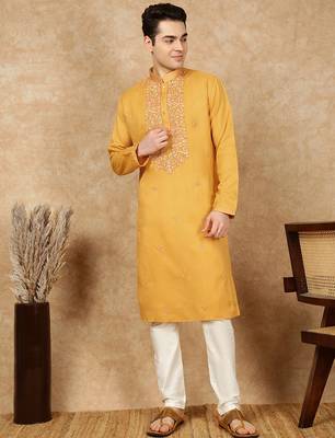 Mustard cotton embroidered kurta pajama for mens 5