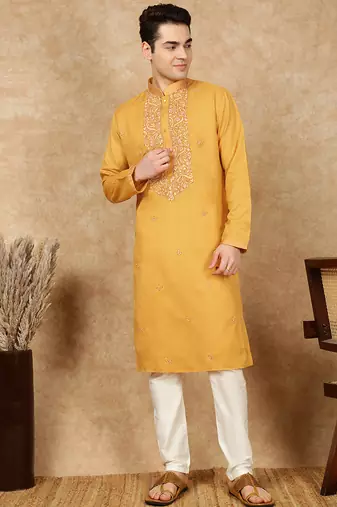 Mustard cotton embroidered kurta pajama for mens