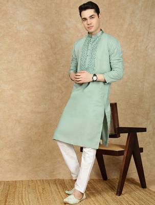 Green cotton embroidered kurta pajama for mens 5