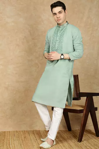 Green cotton embroidered kurta pajama for mens