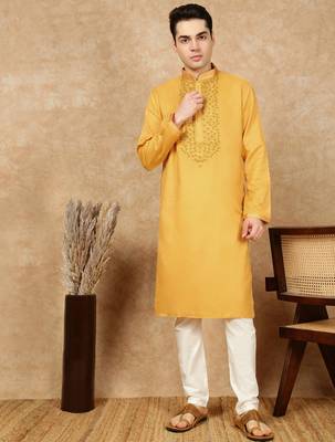 Mustard cotton embroidered kurta pajama for mens 1