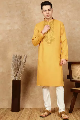 Mustard cotton embroidered kurta pajama for mens