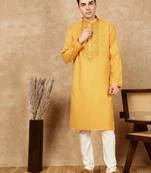 Mustard cotton embroidered kurta pajama for mens