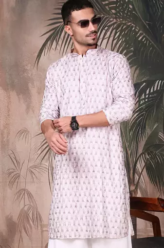 Purple cotton printed kurta pajama for mens