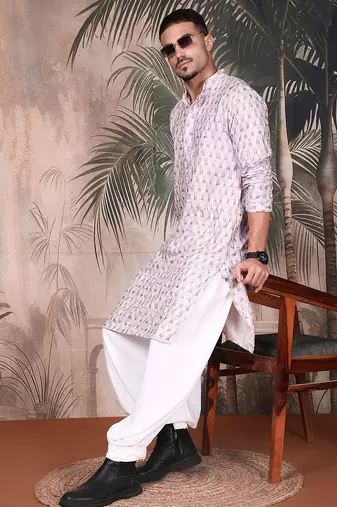 Purple cotton printed kurta pajama for mens
