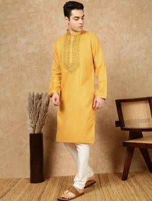 Mustard cotton embroidered kurta pajama for mens 2