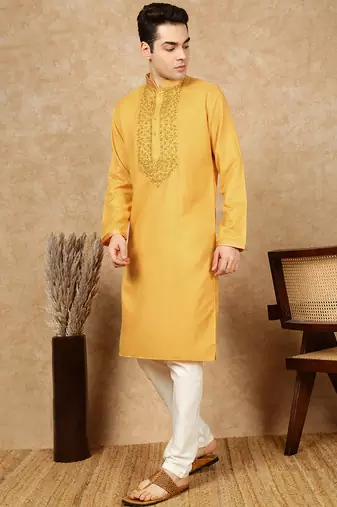 Mustard cotton embroidered kurta pajama for mens