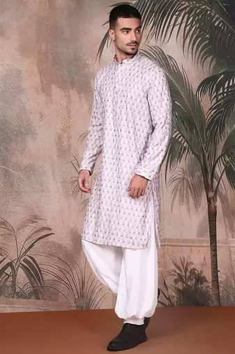 Purple cotton printed kurta pajama for mens