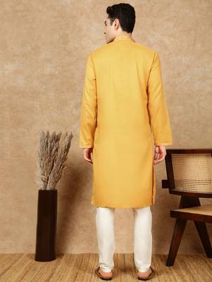 Mustard cotton embroidered kurta pajama for mens 4