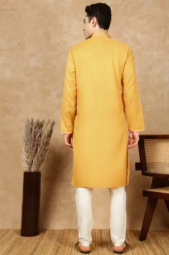 Mustard cotton embroidered kurta pajama for mens