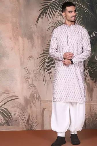 Purple cotton printed kurta pajama for mens
