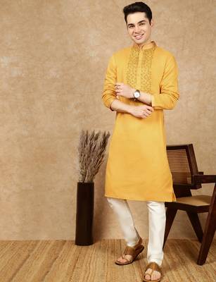 Mustard cotton embroidered kurta pajama for mens 5