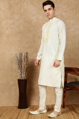 Off white cotton embroidered kurta pajama for mens