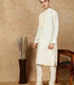 Off white cotton embroidered kurta pajama for mens