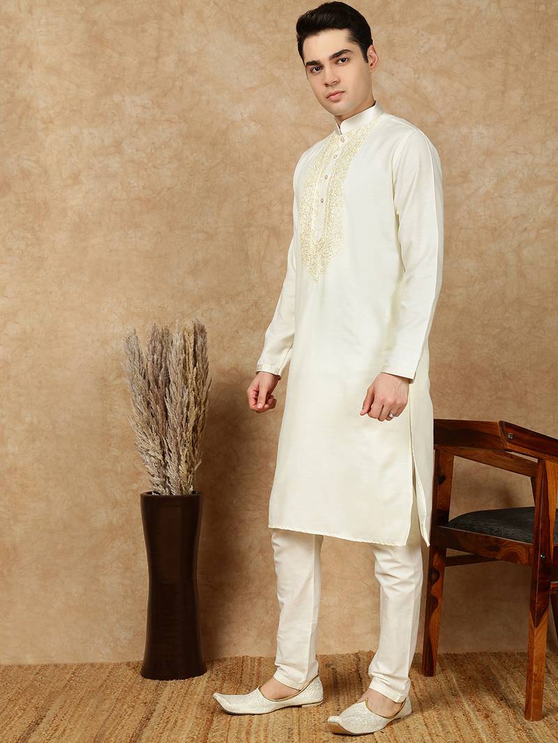 Off white cotton embroidered kurta pajama for mens