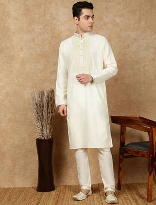 Off white cotton embroidered kurta pajama for mens 2