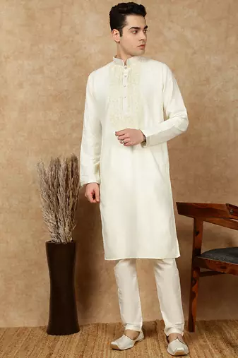 Off white cotton embroidered kurta pajama for mens
