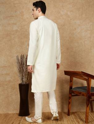 Off white cotton embroidered kurta pajama for mens 4