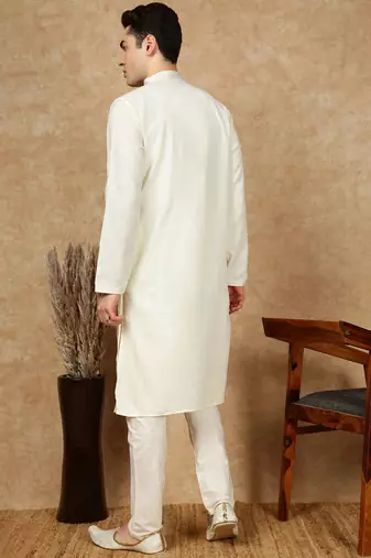 Off white cotton embroidered kurta pajama for mens