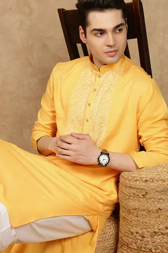Yellow cotton embroidered kurta pajama for mens