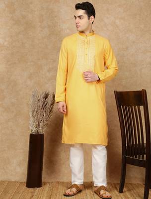 Yellow cotton embroidered kurta pajama for mens 2