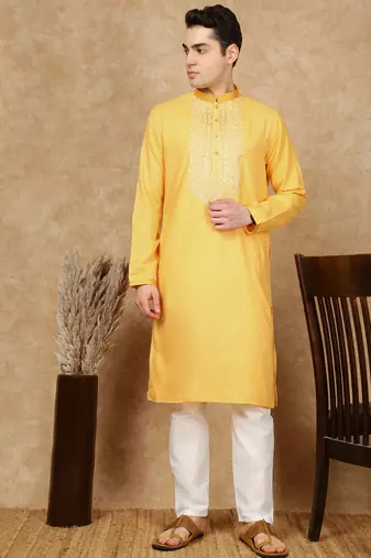 Yellow cotton embroidered kurta pajama for mens