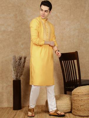 Yellow cotton embroidered kurta pajama for mens 3