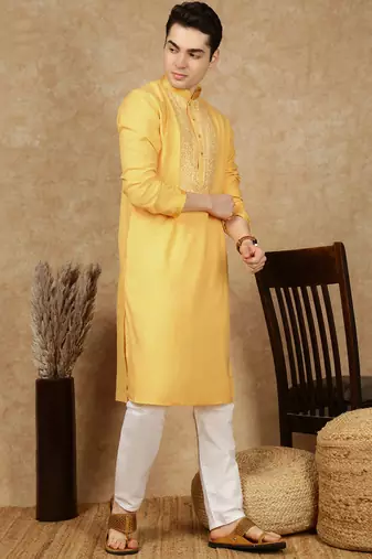 Yellow cotton embroidered kurta pajama for mens