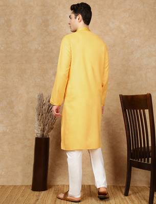 Yellow cotton embroidered kurta pajama for mens 4