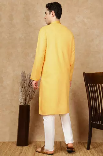 Yellow cotton embroidered kurta pajama for mens