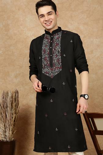 Black cotton embroidered kurta pajama for mens
