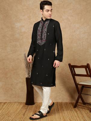 Black cotton embroidered kurta pajama for mens 2