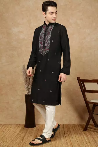Black cotton embroidered kurta pajama for mens
