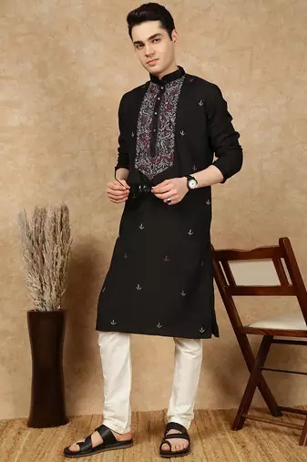 Black cotton embroidered kurta pajama for mens