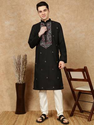 Black cotton embroidered kurta pajama for mens 5