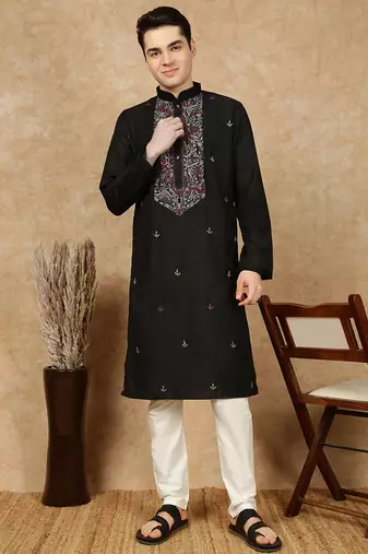 Black cotton embroidered kurta pajama for mens