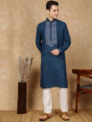 Blue cotton embroidered kurta pajama for mens 1