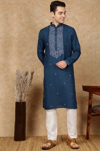 Blue cotton embroidered kurta pajama for mens