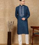 Blue cotton embroidered kurta pajama for mens